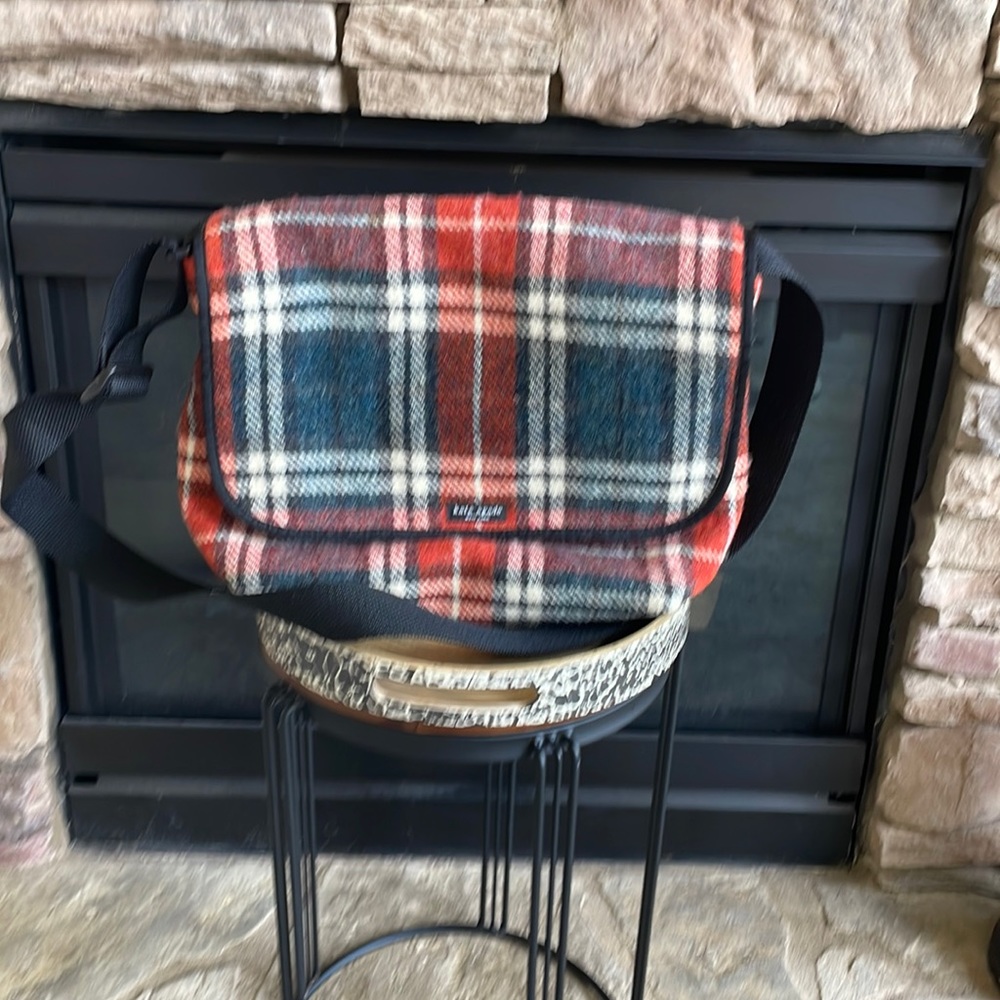 Kate Spade Wool-Plaid bag, navy-orange- cream outside, orange leaf deign inside.